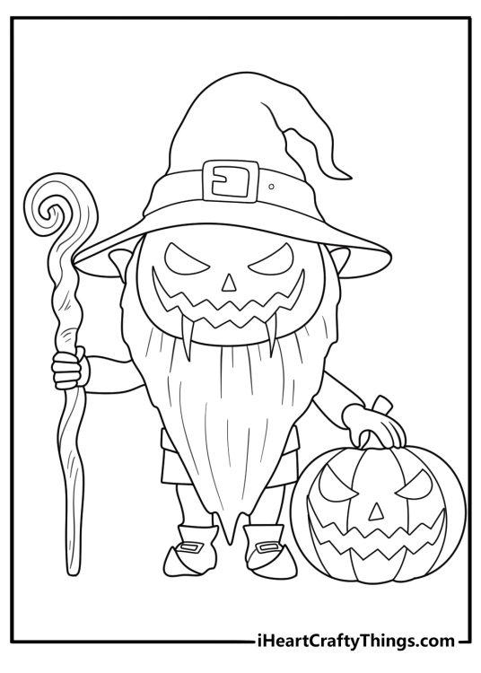 Jack O Lantern printable pdf featuring pumpkin with wizard staff and starry cape