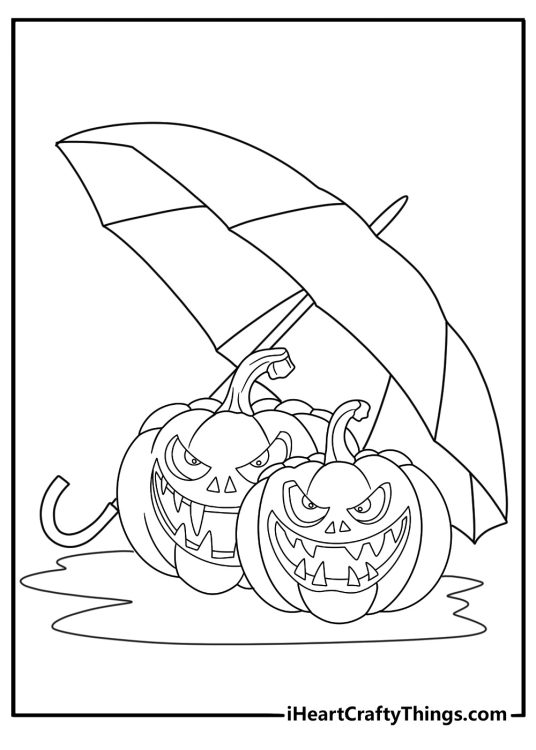 Jack O Lantern under rain coloring page with umbrella and puddles