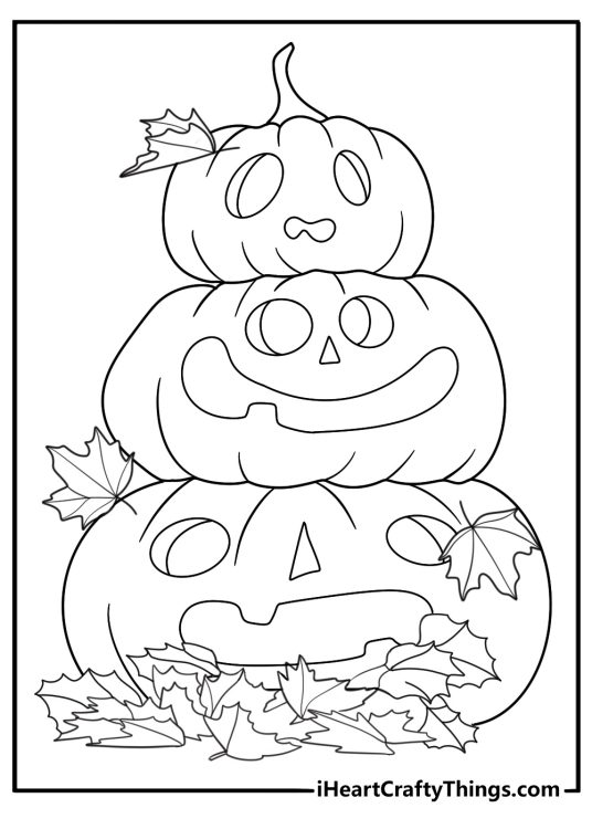 Jack O Lantern with autumn leaves pile free printable coloring page