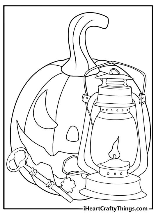 Jack O Lantern with lantern and old key coloring page vintage style