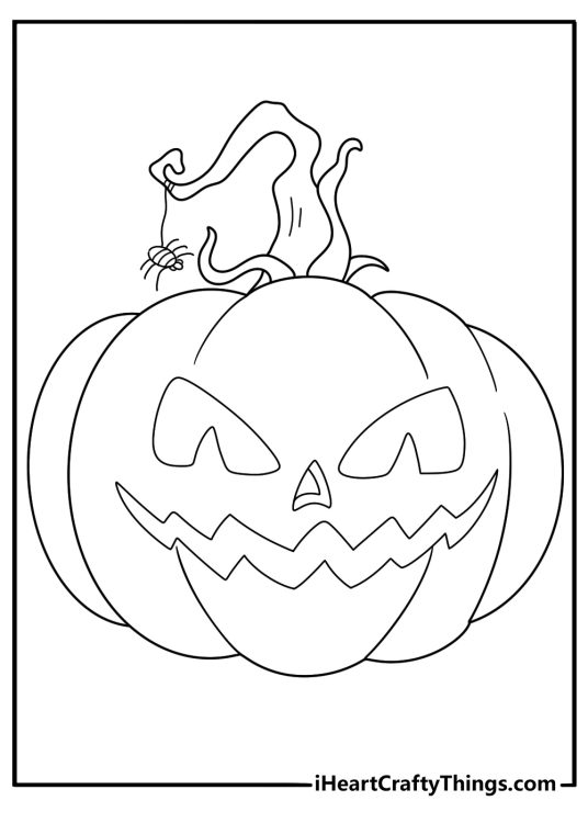 Jack O Lantern with spider dangling from the stem coloring page