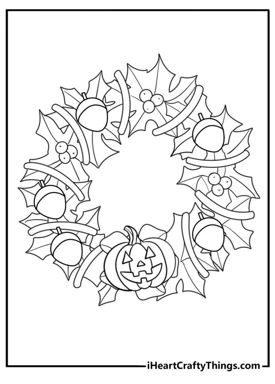 Jack O Lantern wreath coloring sheet with acorns berries and fall ribbon