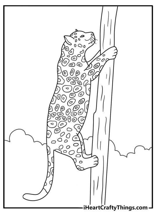 Jaguar animal coloring pages featuring predator climbing tall tree trunk