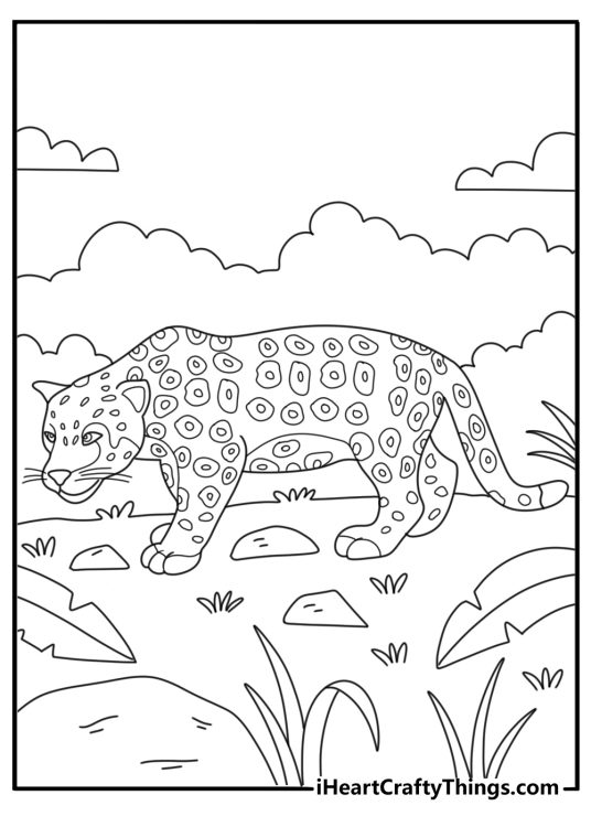 Jaguar coloring page with animal walking through dense jungle vines
