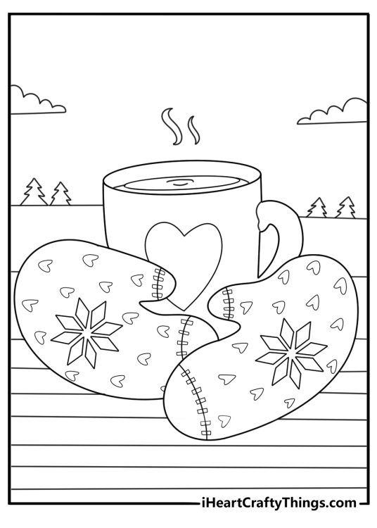 January mug of hot chocolate with mittens coloring page 