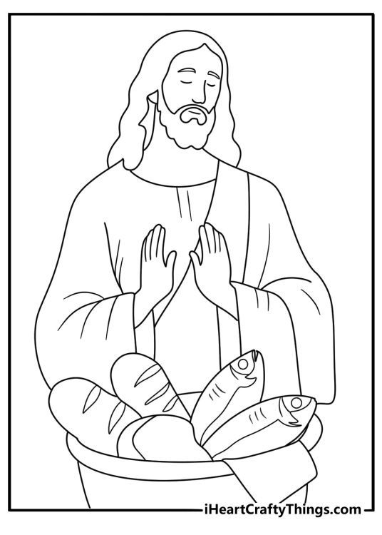 Jesus coloring page for kids with Jesus blessing loaves and fish