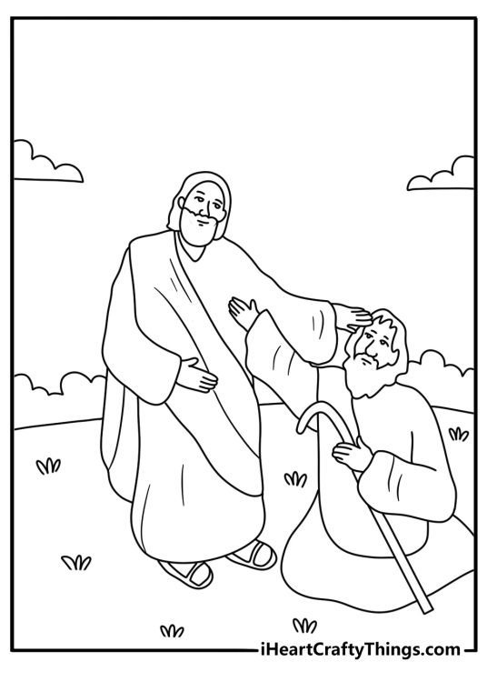 Jesus coloring page with Jesus healing a blind man near a town gate