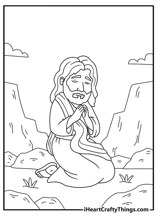 Jesus coloring page with Jesus praying on a hillside at night