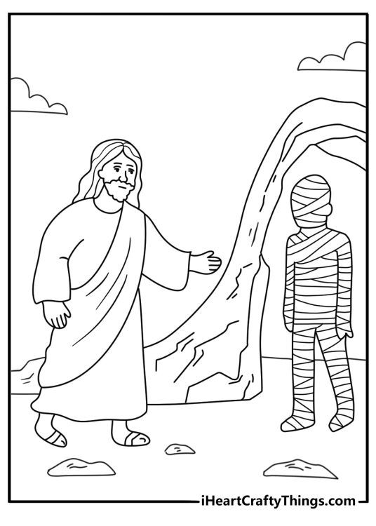 Jesus coloring page with Jesus raising Lazarus near a stone tomb