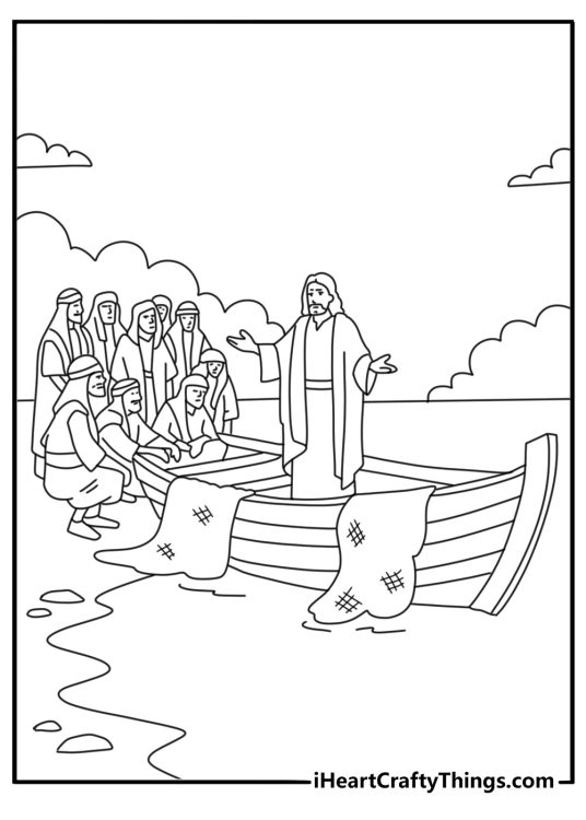 Jesus coloring page with Jesus teaching a crowd from a boat by the shore