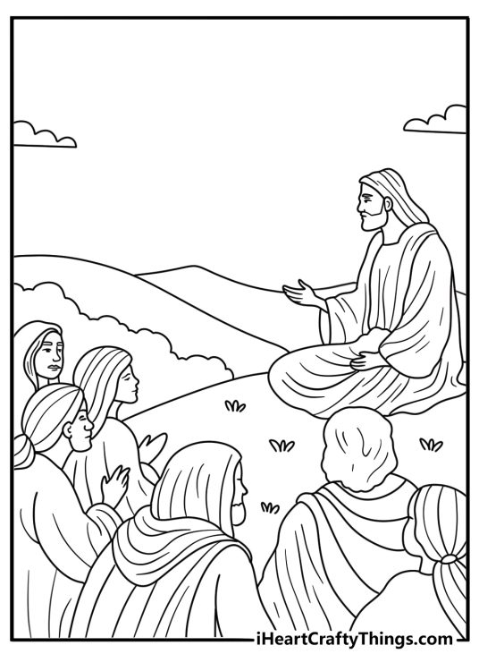 Jesus coloring pages for kids with Jesus telling a story from a hill
