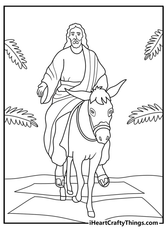 Jesus coloring pages scene with Jesus riding a donkey into Jerusalem