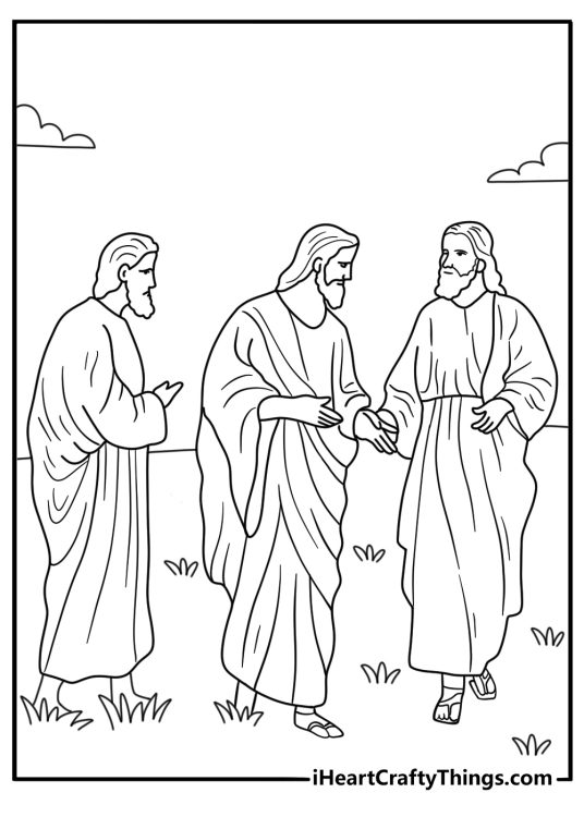 Jesus coloring printable with Jesus walking beside two disciples on a road