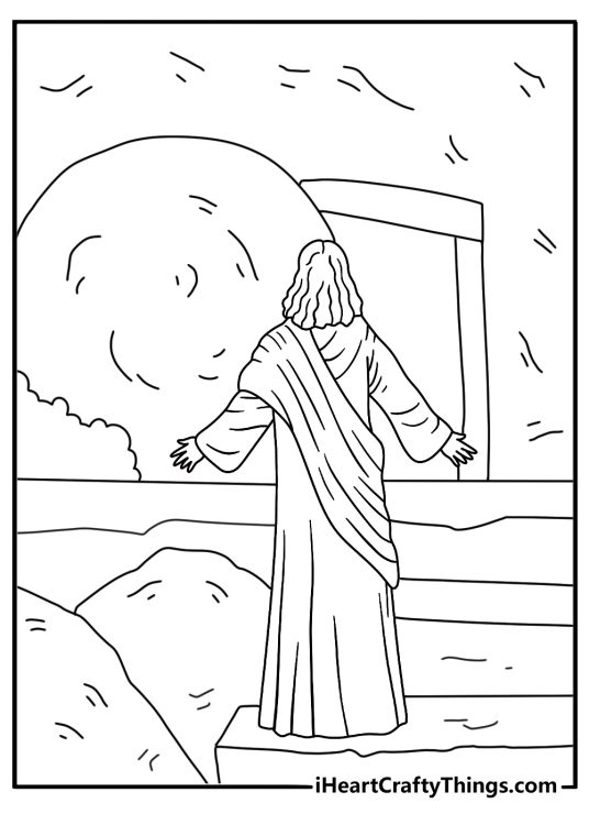 Jesus coloring sheet with Jesus before a stone rolled away from the tomb