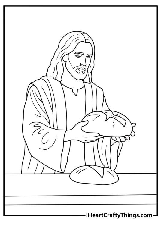 Jesus coloring sheet with Jesus carrying bread to a table