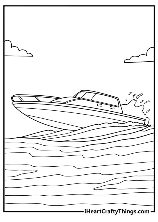 Jet boat coloring pages with strong water jet trail behind hull