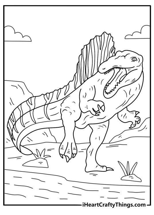 Jurassic Park 3 Spinosaurus coloring page with the giant dinosaur beside a river