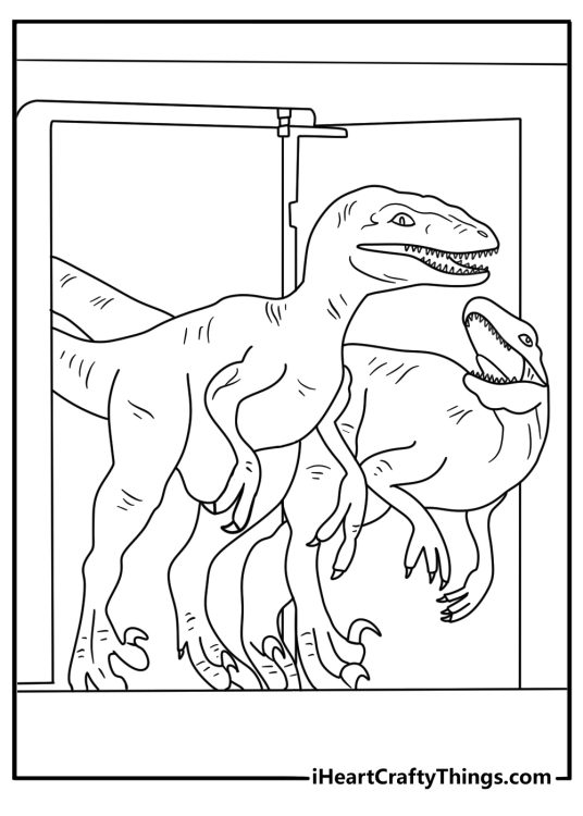 Jurassic Park coloring page with Velociraptor opening a kitchen door