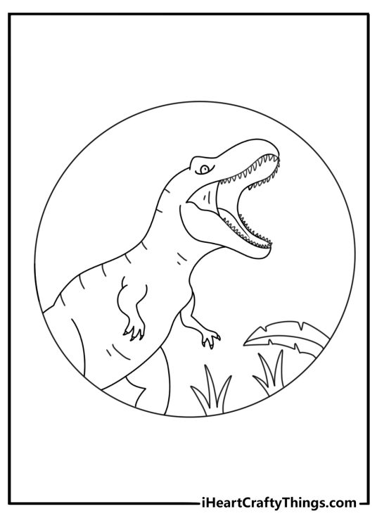 Jurassic Park logo coloring page with the round emblem and roaring dinosaur silhouette