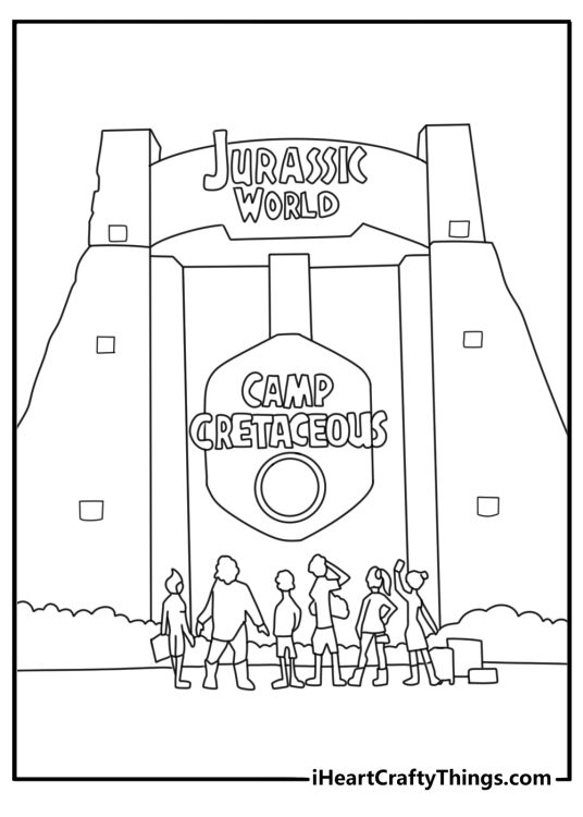 Jurassic World Camp Cretaceous coloring pages with campers crossing a jungle bridge