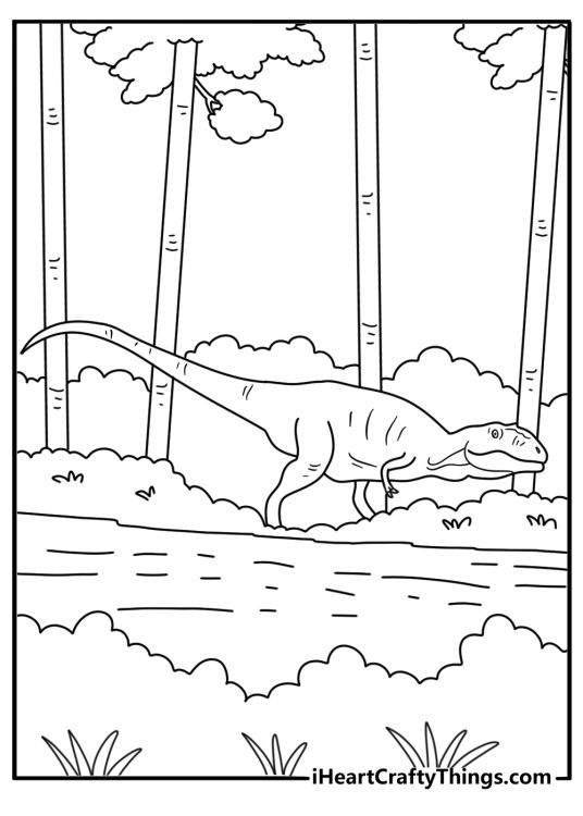 Jurassic World Dominion coloring pages image with Giganotosaurus stalking through misty woods