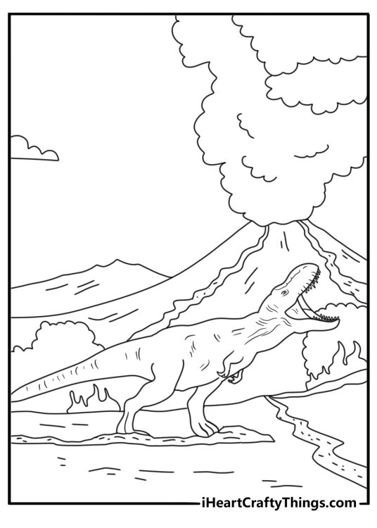 Jurassic World Fallen Kingdom coloring sheet with Carnotaurus near flowing lava
