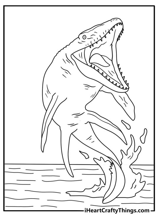 Jurassic World Mosasaurus coloring page with the sea reptile leaping from a lagoon