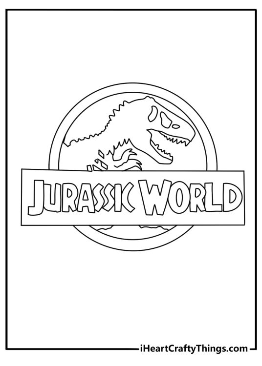Jurassic World logo coloring page with bold letters inside the fossil circle