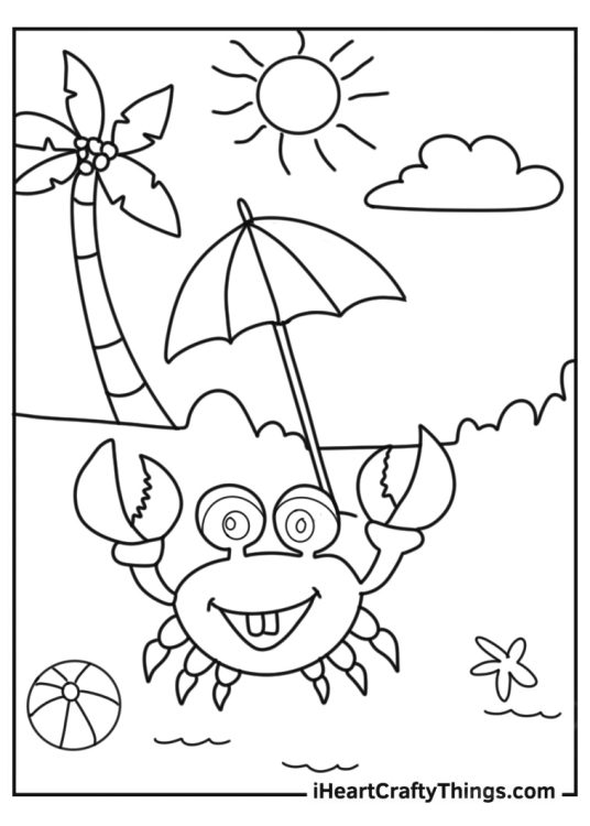 Kawaii Cartoon Crab On The Beach Coloring Page For Preschoolers