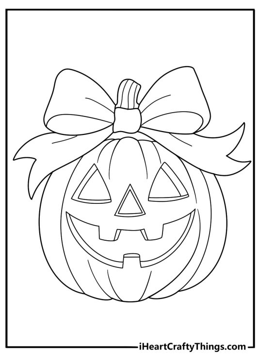 Kawaii Jack O Lantern cute coloring page for kids with tiny bow tie and round cheeks