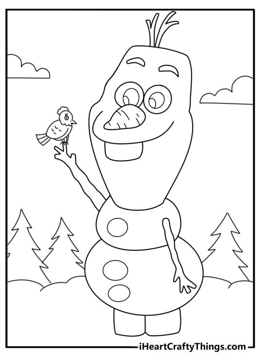 Kawaii Olaf with tiny bird resting on twig arm coloring printable
