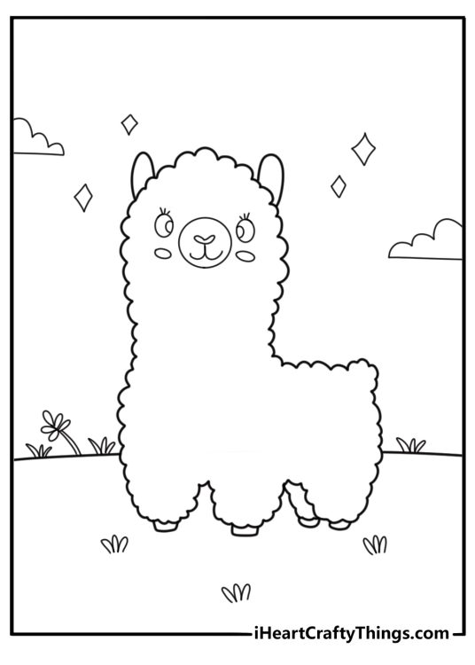 Kawaii baby llama coloring sheet with big round features for kids
