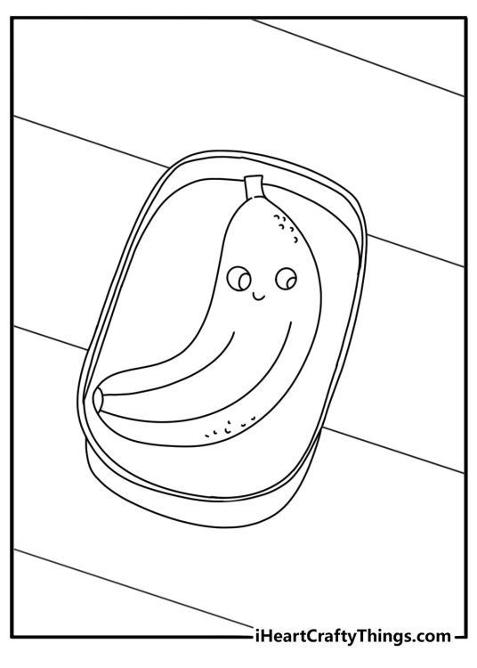 Kawaii banana coloring page with a tiny fruit tucked inside a bento box