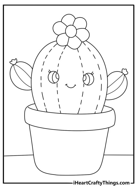 Kawaii cactus with tiny face and blush kawaii cactus coloring page