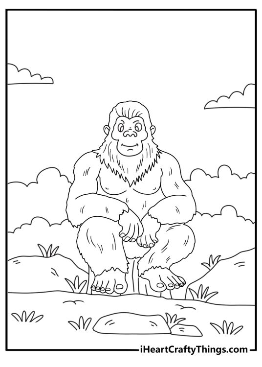 Kawaii cute Bigfoot coloring page for kids sitting on a tree stump