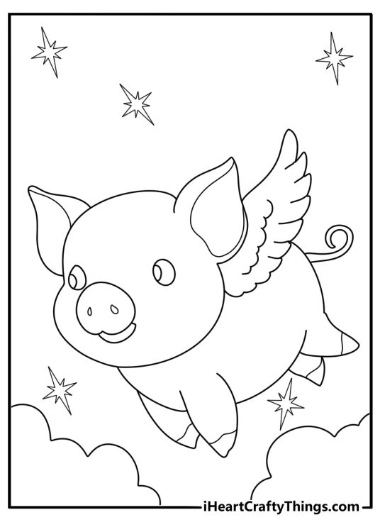 Kawaii flying pig with small wings fantasy coloring sheet