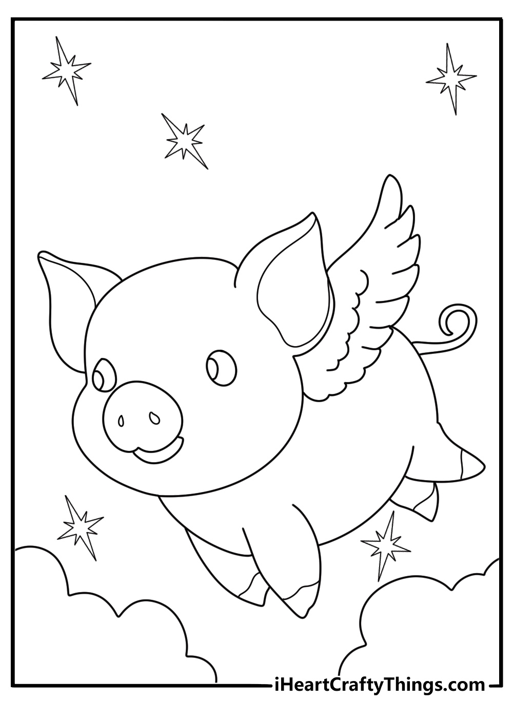 Kawaii flying pig with small wings fantasy coloring sheet