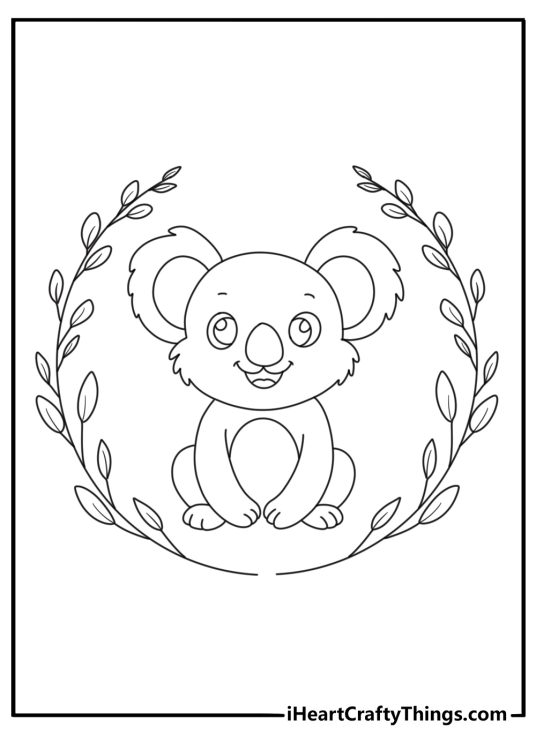 Kawaii koala coloring page with chubby koala inside eucalyptus wreath