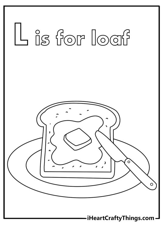 Kawaii letter L coloring page with a loaf and butter on a plate