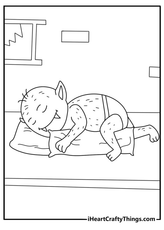 Kawaii monster coloring sheet with a baby beast hugging a pillow
