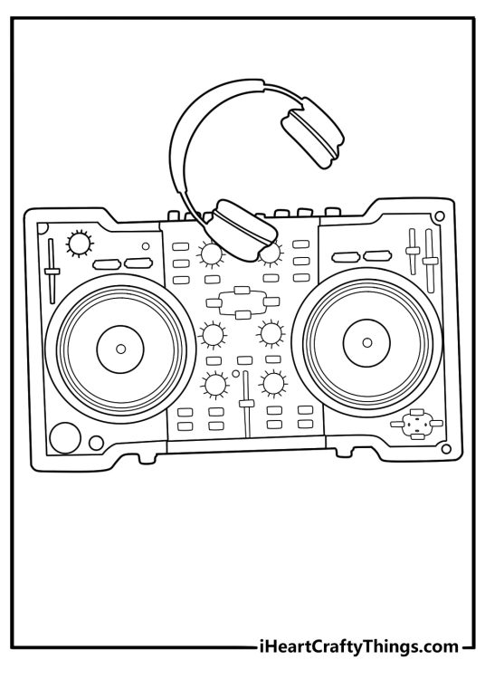 Kawaii music printable with DJ turntable and headphones and mixer sliders