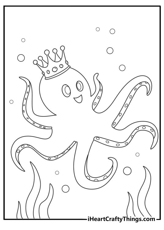 Kawaii octopus with tiny crown cute coloring page for kids
