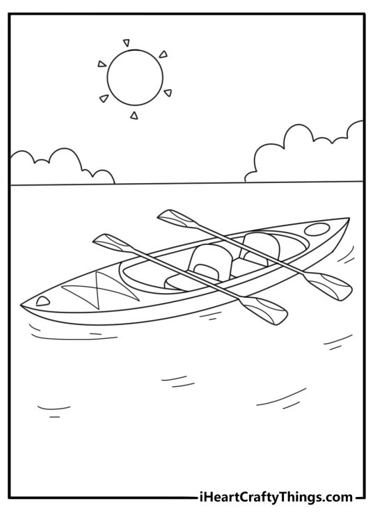 Kayak on calm water with double paddle simple coloring page for kids