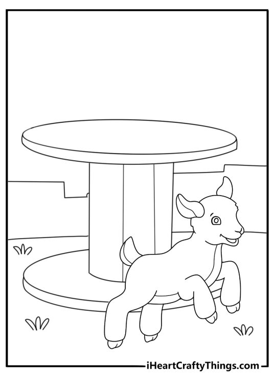 Kid goat beside wooden spool simple coloring page