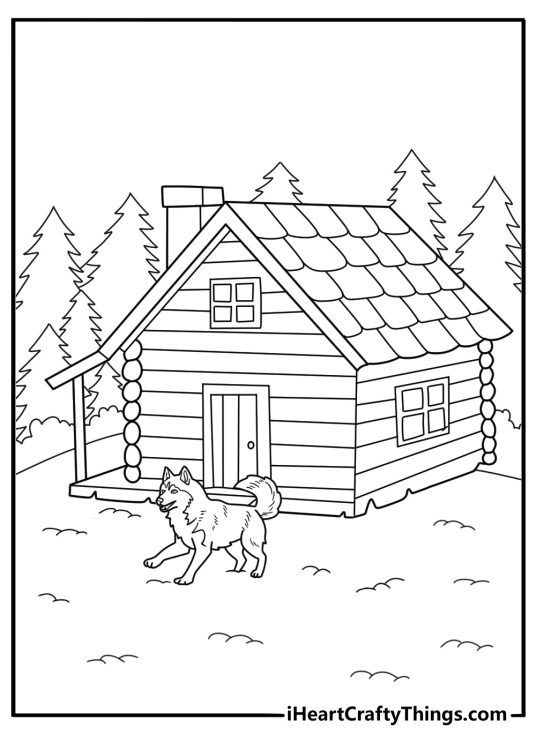 Kids can color a fluffy dog crossing a wooden cabin porch