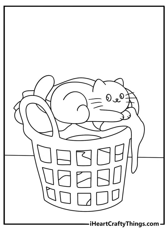Kids can color a fluffy kitten exploring a laundry basket