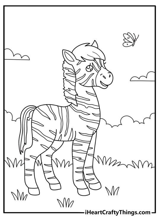 Kids can color a foal following butterflies through wild grass