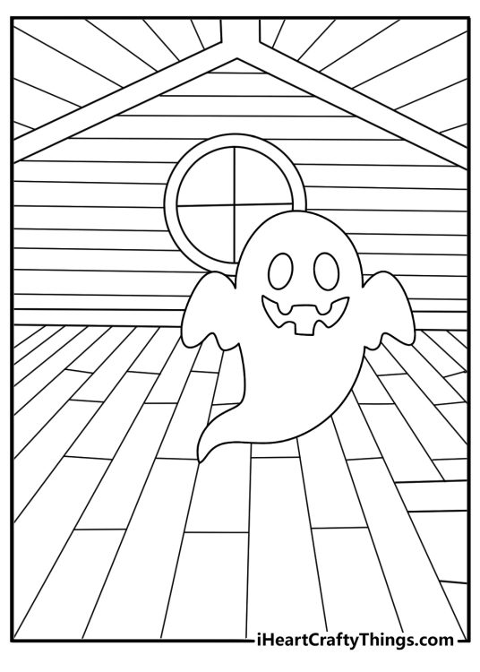 Kids can color a ghost drifting through an empty attic