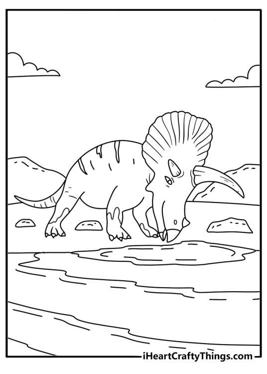 Kids can color a triceratops drinking from a muddy pond