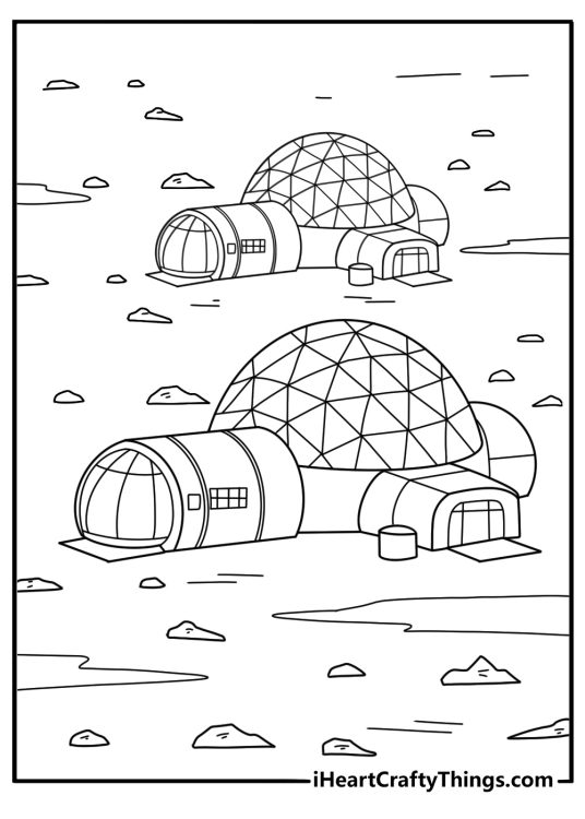 Kids coloring sheet with mini spaceship inside a glass dome city on Mars